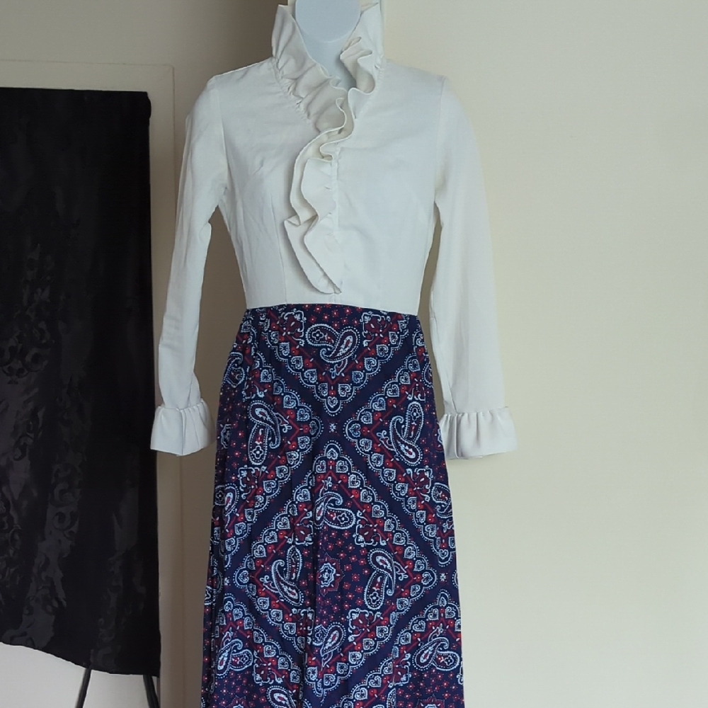 🤍💙 Vintage Ruffled Collar Paisley Skirt Maxi Dress